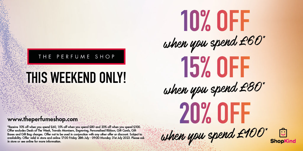 Enjoy up to 20% off £100 with our staggered discounts this weekend. Visit us in store. #lpa2023 #theperfumeshop #tpssc