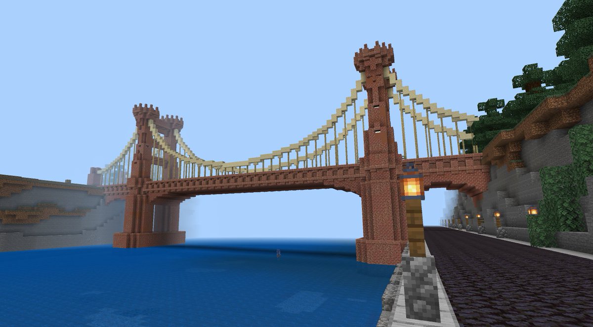 RevivalMCSR's tweet photo. Woah is that another epic bridge? Yep, @Yonopoly has built a new suspension bridge across the canal on the realm. The bridge leads to a huge new community area which is being prepared by @Yonopoly and @itstheunknown58. https://t.co/Dq0vzmXcqm