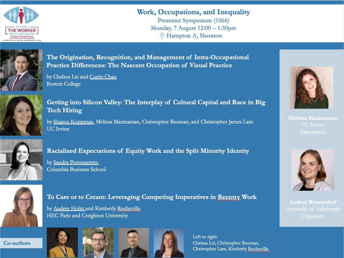 🚨 Join us for our Presenter Symposium 'Work, Occupations, and Inequality' @AOMConnect, sponsored by @OMT and @CareersDivision. You'll find us in Hampton A (Sheraton) on Mon, 7 Aug 12:00pm. #aom2023
