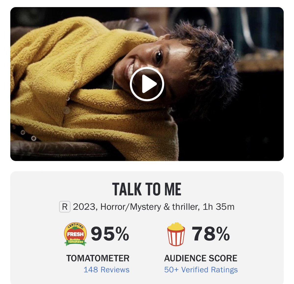 VHSDVDBLURAY4K's tweet photo. #TalkToMe is the highest rated horror movie of 2023 https://t.co/DbzoTLhour