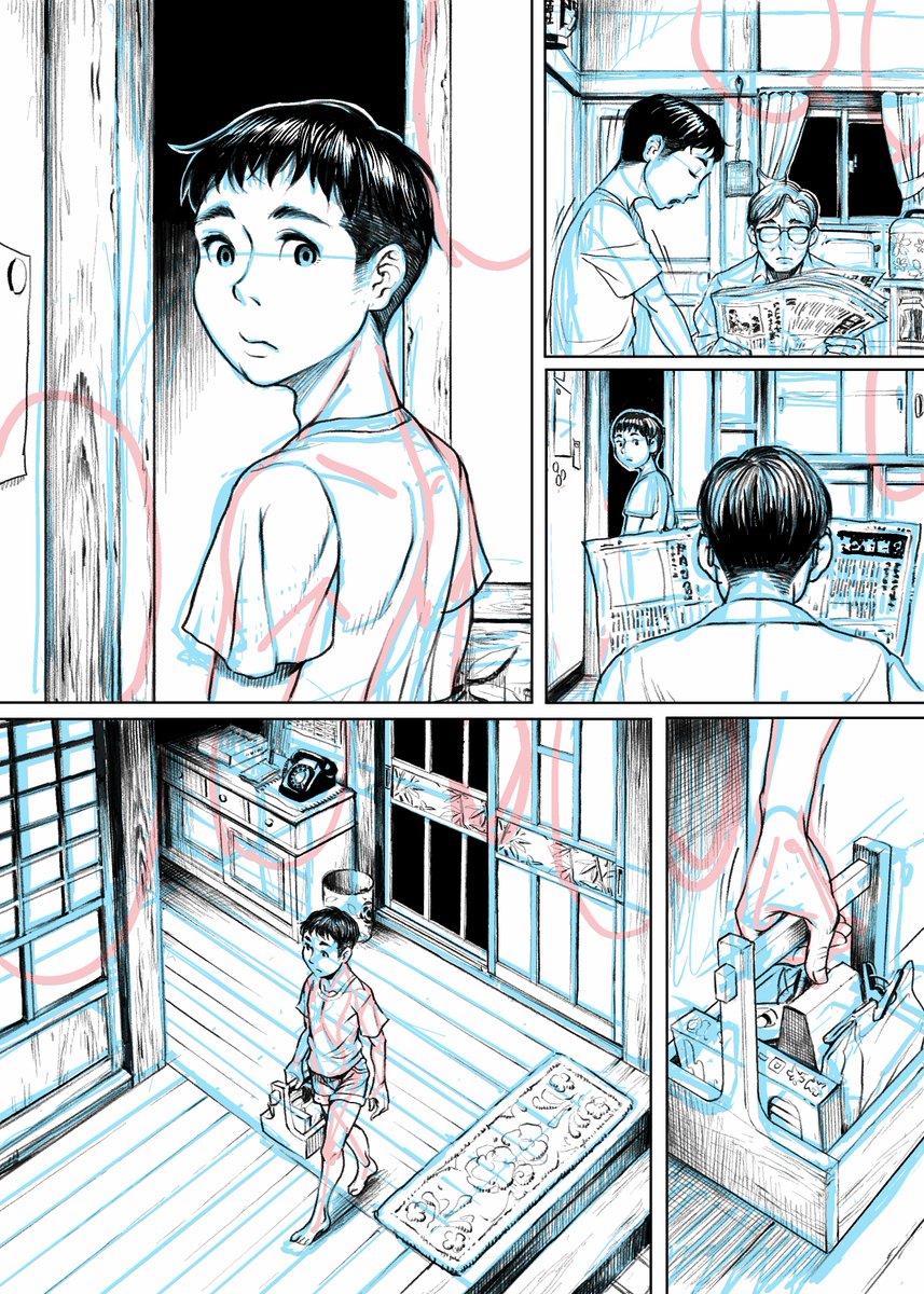 序盤はどうしても世界を説明する為の背景が多くなりがち。今回は昭和が舞台なので、いい資料が無い時は祖父母の家や子供の頃の友人宅などの記憶を掘り起こして描いてる。 