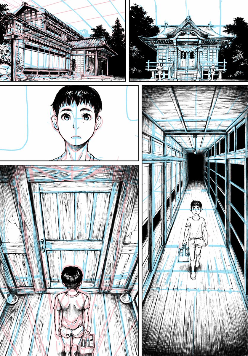 序盤はどうしても世界を説明する為の背景が多くなりがち。今回は昭和が舞台なので、いい資料が無い時は祖父母の家や子供の頃の友人宅などの記憶を掘り起こして描いてる。 