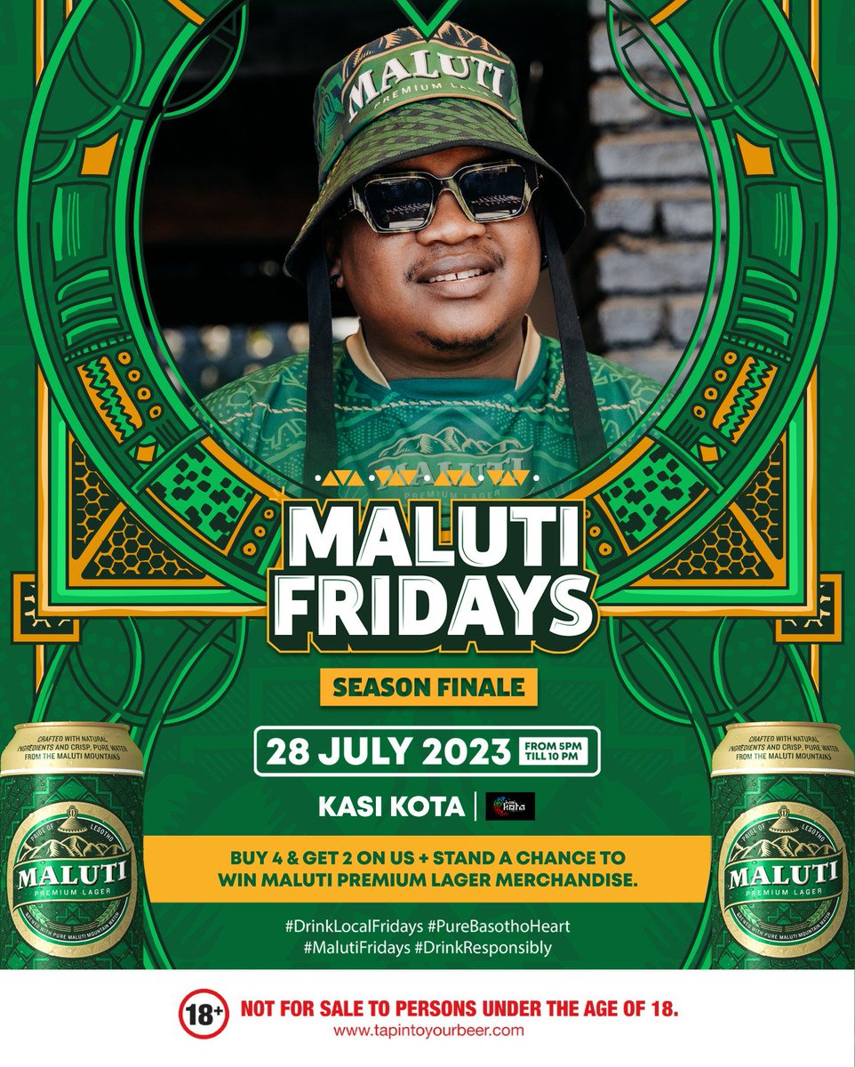 SkaftinLB's tweet photo. We doing #MalutiFridays Finale ka bo-jet, with my mates. Catch us at Shellybrown, Cuban Linx, 1818 CAFE, and our final destination is KASI KOTA

#MalutiFridays #MalutiLagar #purebasothoheart #ResponsibleTogether #OurBeer #OurPride https://t.co/cEmSrvskDb