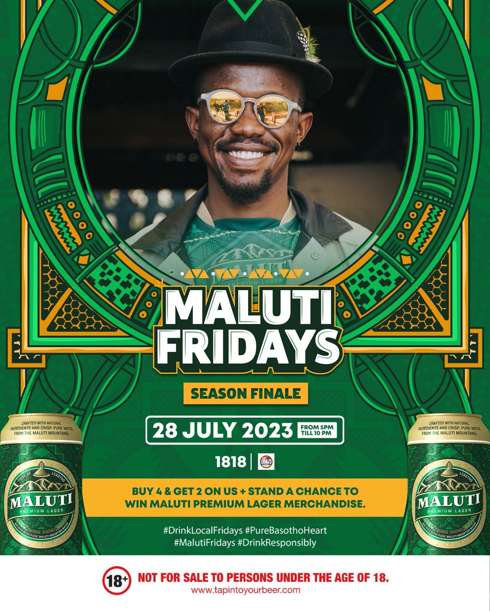 SkaftinLB's tweet photo. We doing #MalutiFridays Finale ka bo-jet, with my mates. Catch us at Shellybrown, Cuban Linx, 1818 CAFE, and our final destination is KASI KOTA

#MalutiFridays #MalutiLagar #purebasothoheart #ResponsibleTogether #OurBeer #OurPride https://t.co/cEmSrvskDb