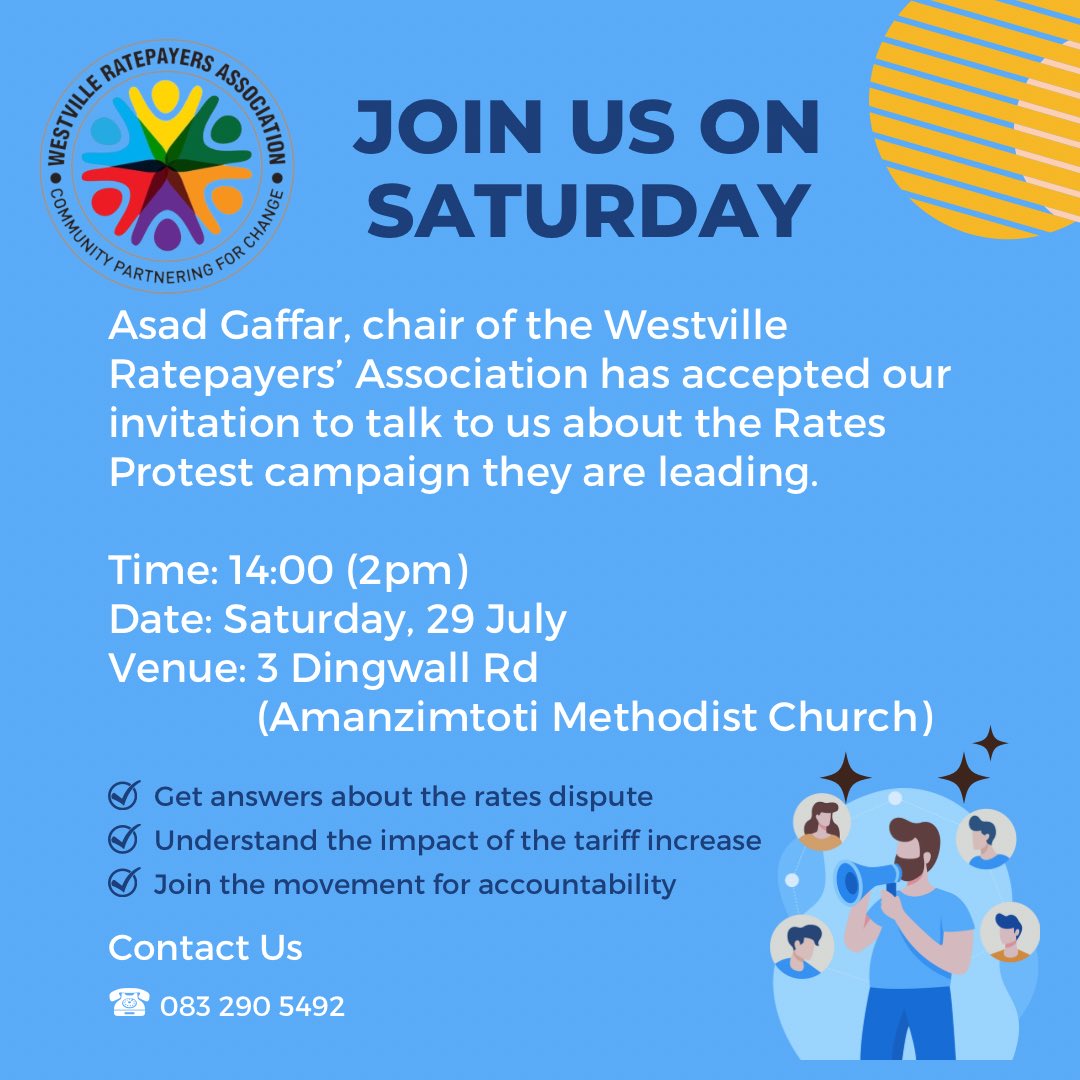 WestvilleRatep1's tweet photo. Are you in #Amanzimtoti and looking for answers about the #WRAProtest?
Join us tomorrow at the Methodist Church!
#WRA #Community #PartneringForChange #DisputeOrDestitute https://t.co/Gs5mUz2dxl