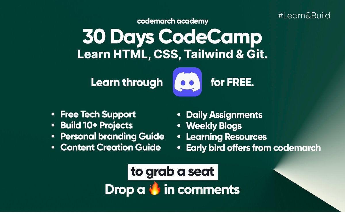 mdjunaidap's tweet image. ✨30 Days CodeCamp through Discord✨

Learn HTML, CSS, Tailwind &amp;amp; Git for Free.

👉 Free Doubt Assistance.
👉 Daily Assignments.
👉 30+ Challenges.
👉 Build 10+ Projects.

Starts on August 1st.

- Drop 🔥 in the comments to Join.
- Follow me so that I can DM you the link.