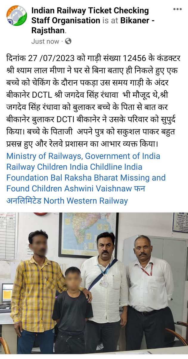 Ticket checking staff did a noble work
<a href="/RailMinIndia/">Ministry of Railways</a> <a href="/AshwiniVaishnaw/">Ashwini Vaishnaw</a> <a href="/RailwaySeva/">RailwaySeva</a> <a href="/balrakshabharat/">Bal Raksha Bharat</a> <a href="/RailwayChildInd/">Railway Children India</a> <a href="/NWRailways/">North Western Railway</a>