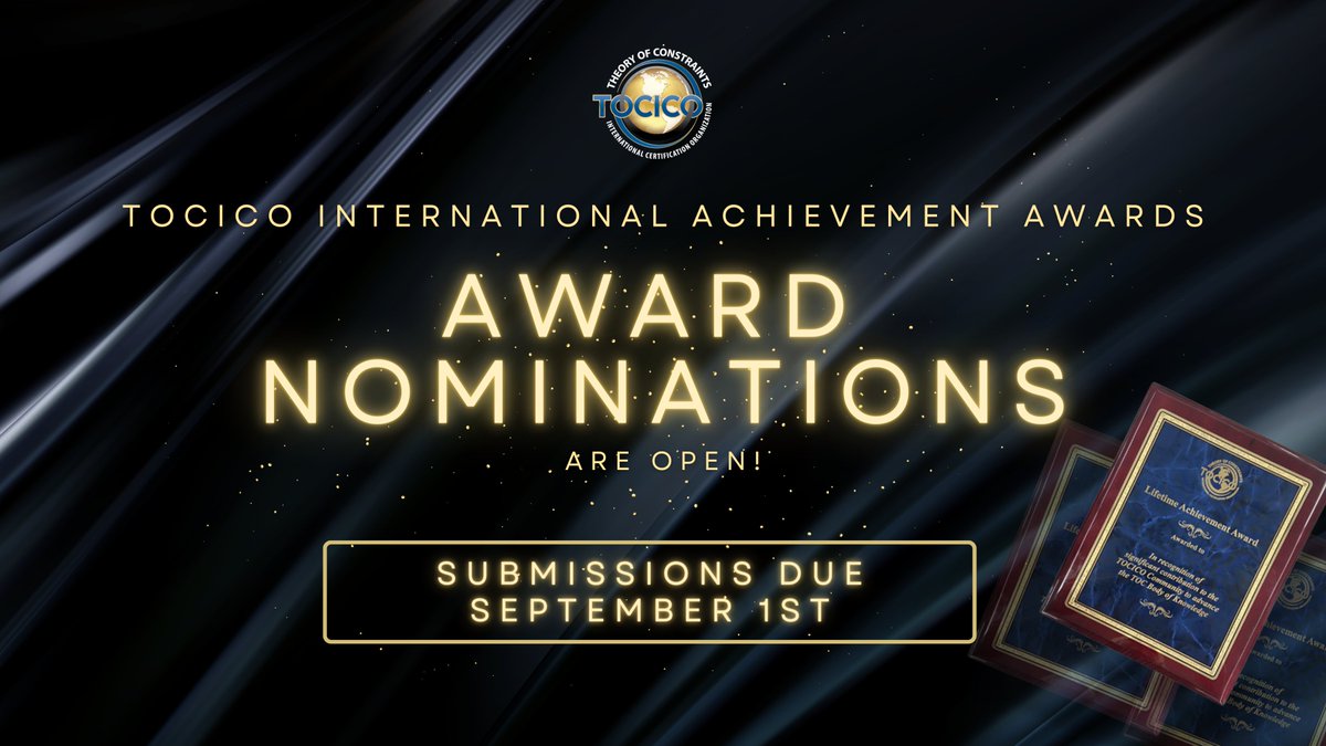 TOCICO's tweet image. The @TOCICO  is thrilled to invite nominations for the prestigious TOCICO International Achievement Awards, recognizing outstanding individuals and organizations for their remarkable contributions to the #TheoryofConstraints. Learn More. #tocot
tocico.org/page/award_nom…