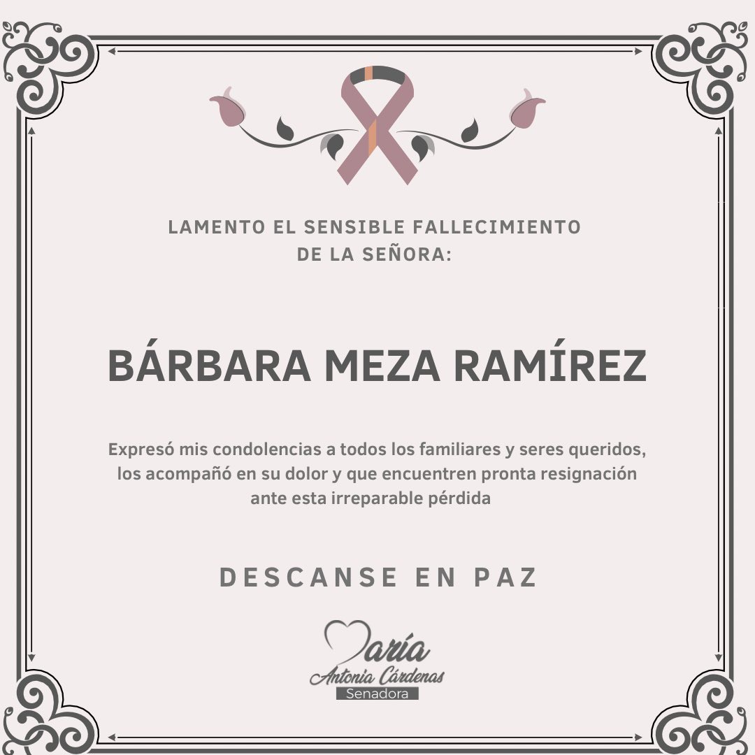 Lamento profundamente el fallecimiento de la señora Bárbara Meza Ramírez, madre del Senador <a href="/BcsRicardo/">Ricardo Velazquez BCS</a> .

Descanse en paz🕊️