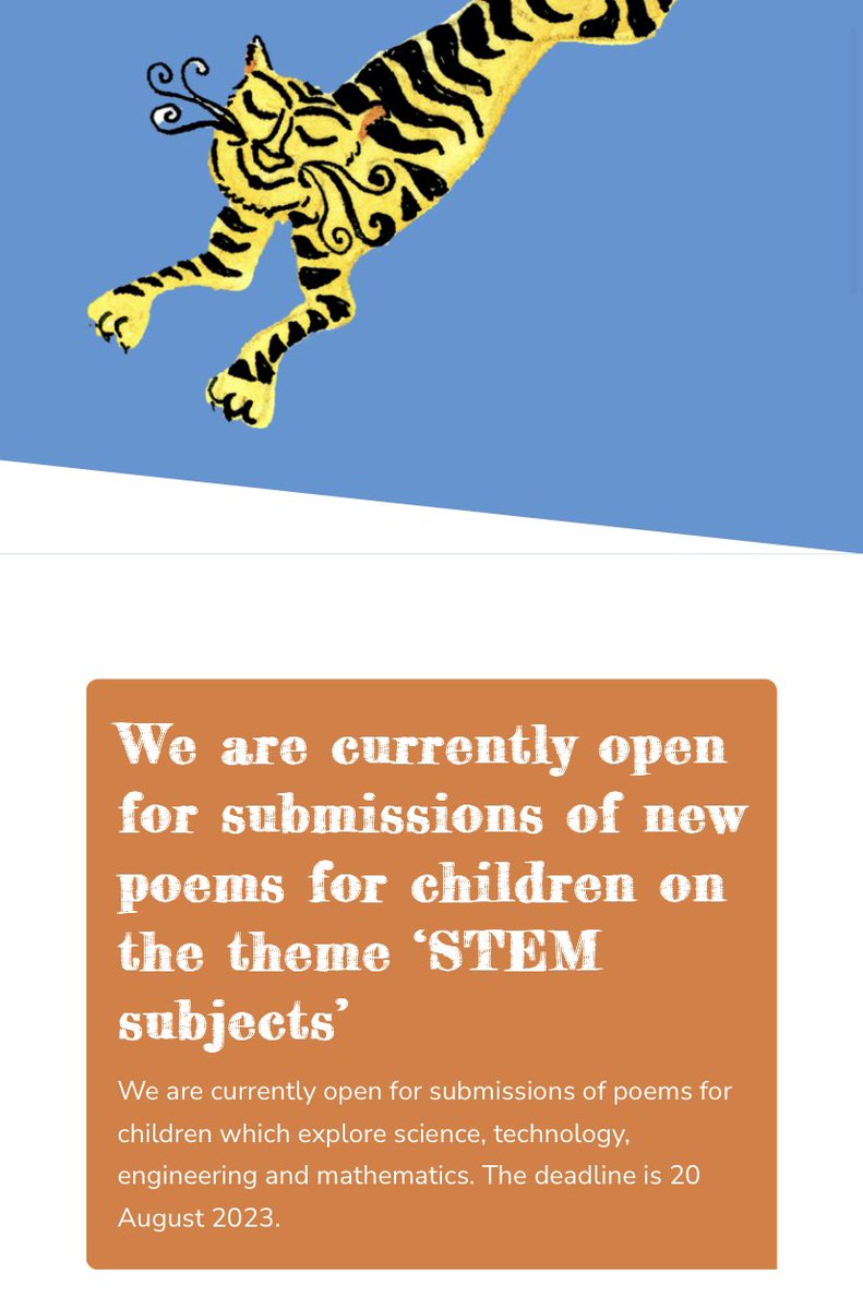 Tyger Tyger Magazine is open for submissions of #poemsforchildren exploring STEM subjects (Science, Technology, Engineering & Mathematics) - can you help us spread the word? tygertyger.net/submissions/ #callforsubmissions #submissionsopen #kidlit #litmag #WritingCommunity #poetry 🧡