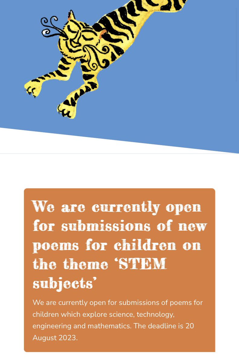 Tyger Tyger Magazine is open for submissions of #poemsforchildren exploring STEM subjects (Science, Technology, Engineering &amp; Mathematics) - can you help us spread the word? tygertyger.net/submissions/ #callforsubmissions #submissionsopen #kidlit #litmag #WritingCommunity #poetry 🧡