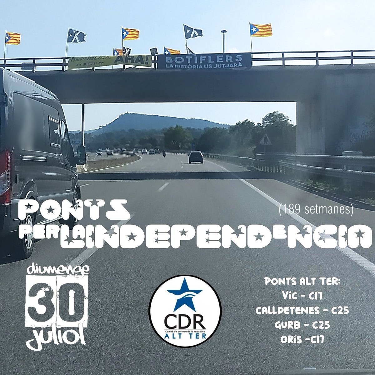 🔴 DIUMENGE 30-07-23 - 18H
🔴 #PONTSperLaINDEPENDÈNCIA
🔴 VINE! seguim una setmana més, i ja en són 189✊

Ponts de:
📍#VIC: C17
📍#ORÍS: C17
📍#GURB: C25
📍#CALLDETENES: C25

Ni un pas enrere!
#DUI #Independència