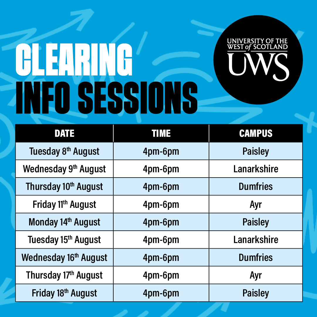 Waiting for exam results? Thinking about your future plans through Clearing? Join us for information drop-in sessions across our Scottish campuses this August - our team will be on hand to help you find the course that's right for you! Full details here: clearing.uws.ac.uk/events/