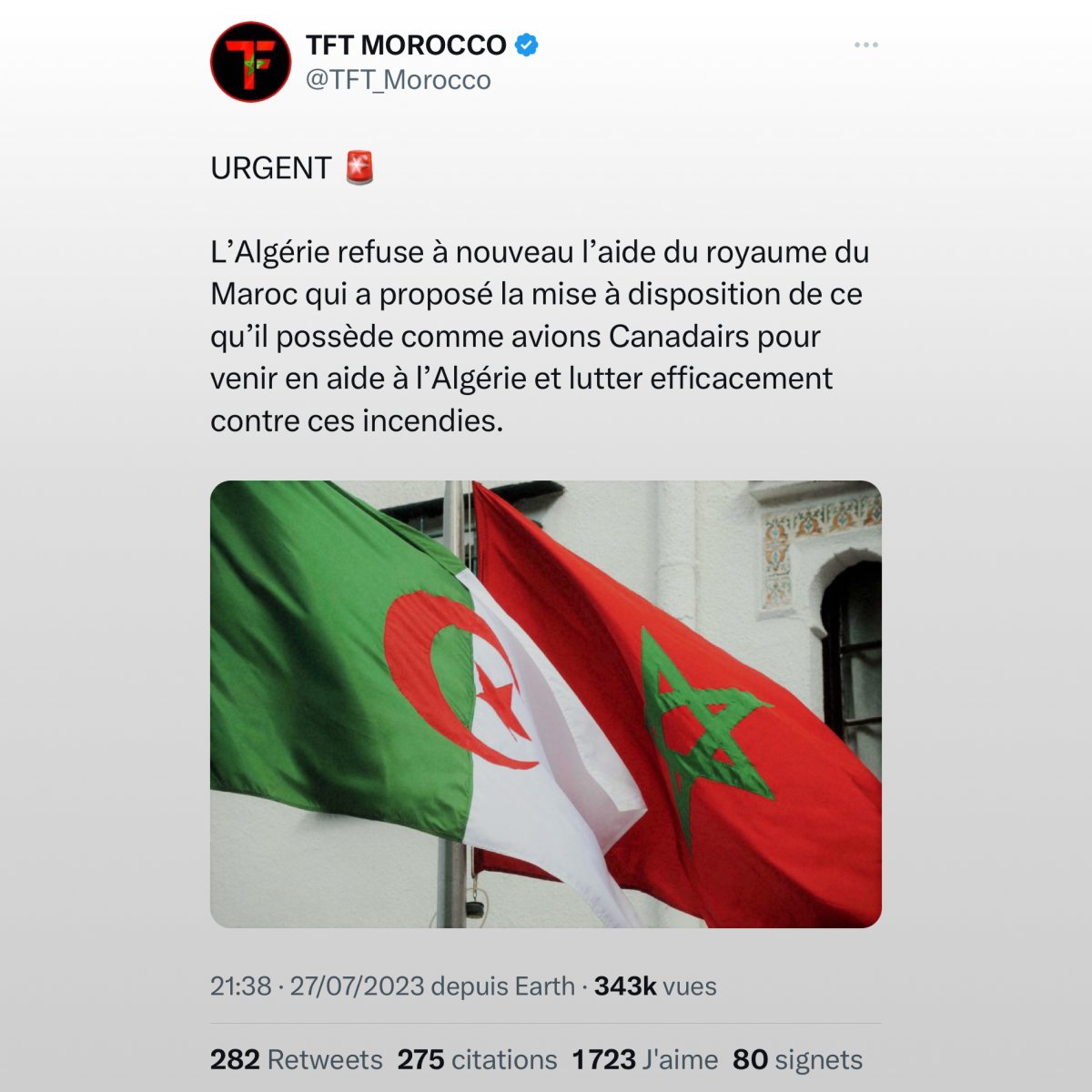 ❌ FAUX : Les incendies sont éteints depuis 3 jours, Al Hamdoulilah.

- Leur source : un magazine sioniste
- Aucune aide n'a été proposée
- Les Beriev utilisés par l'Algérie peuvent transporter 2x plus d'eau que les Canadairs

Vu la masse de propagande contre notre pays 🇩🇿, nous