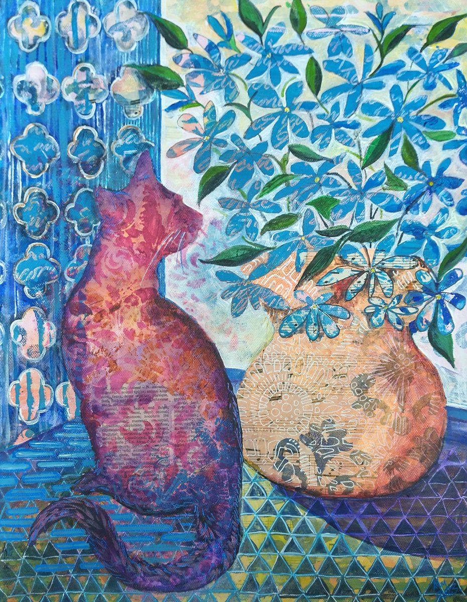 I think it's done? ...but are they ever? #finishfriday #acrylic #painting #art #window #cat #collage #artistro #acrylicpens #flowers #pattern #mixedmedia