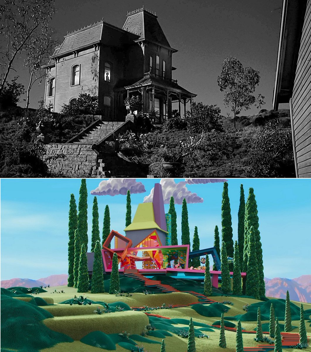 FreddyInSpace's tweet photo. Production designer Sarah Greenwood has revealed that Weird Barbie's house in #Barbie was partially inspired by the Bates house from Psycho. Interesting to note, the first Barbie doll was released in 1959, just one year before Psycho was released! https://t.co/JzTu6s1c1r https://t.co/FzKpa0MTRO