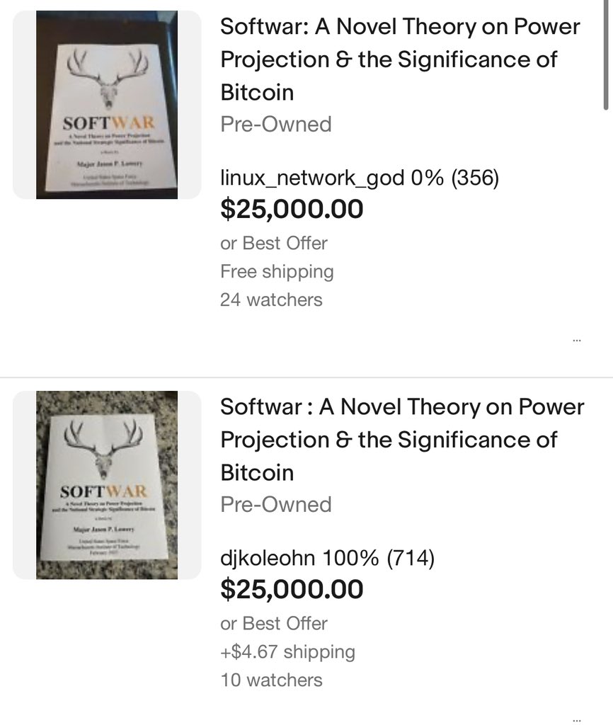 NEW: Since Jason Lowery announced yesterday that he was forced to pull  SOFTWAR from Amazon, prices for the book on #Bitcoin have skyrocketed on  eBay 👀😮