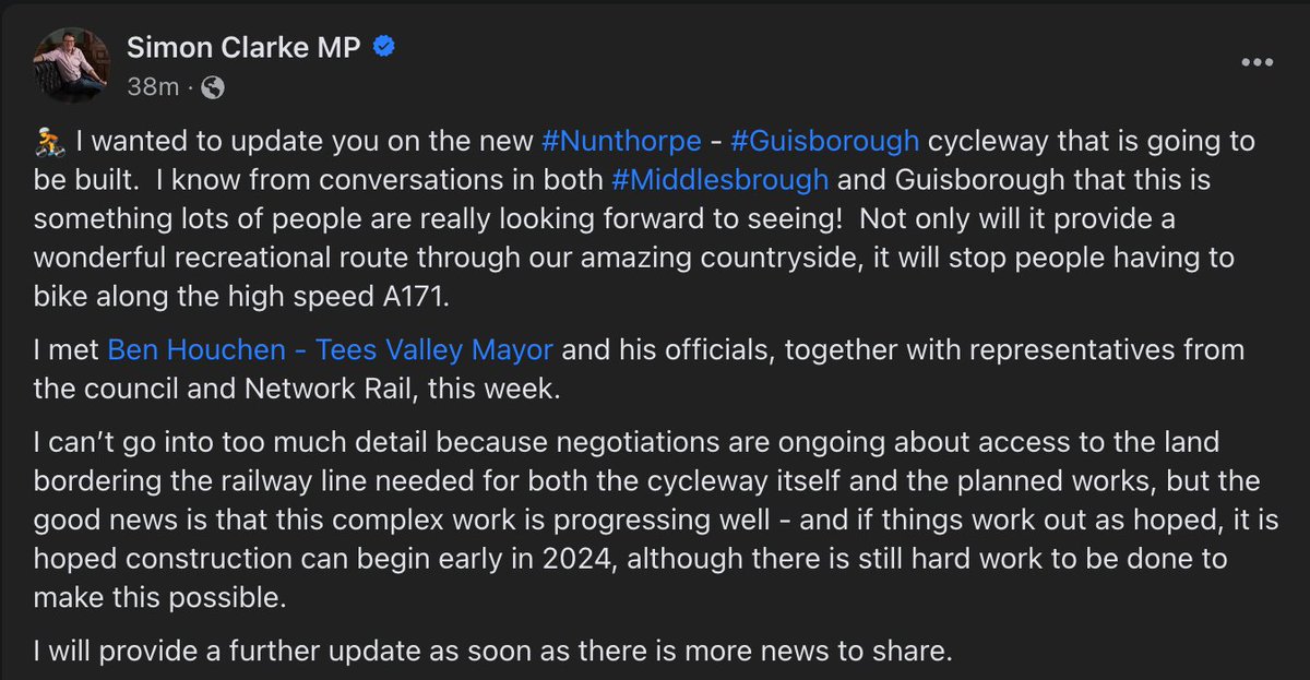 Great to see @SimonClarkeMP supporting a new cycleway between Nunthorpe and Guisborough. @BenHouchen and the Conservatives are really delivering for Teeside. facebook.com/simon4MSEC/pos…