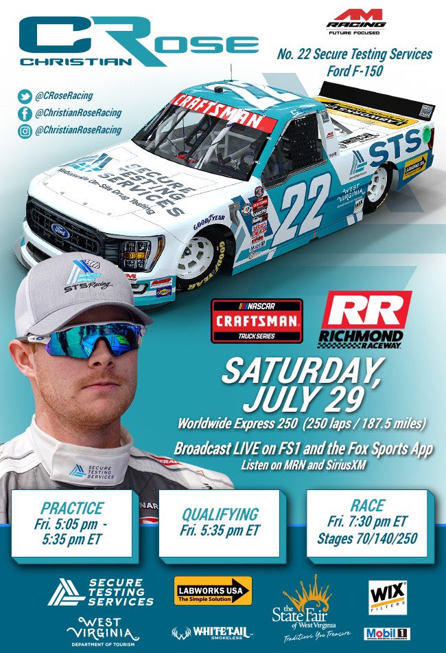 AMRacingNASCAR's tweet photo. .@CRoseRacing is makes his @NASCAR_Trucks debut in the No. 22 @SecureTesting | @LabworksUSA F-150 @RichmondRaceway 🛻😎
Practice and qualifying is tonight at 5:05 ET‼️
Catch the race live tomorrow‼️
📺 @FS1
⏰ 7:30 PM ET
#NASCAR | #FutureFocused | #GetSecure @LabworksUSA https://t.co/WVNa2hYCdF