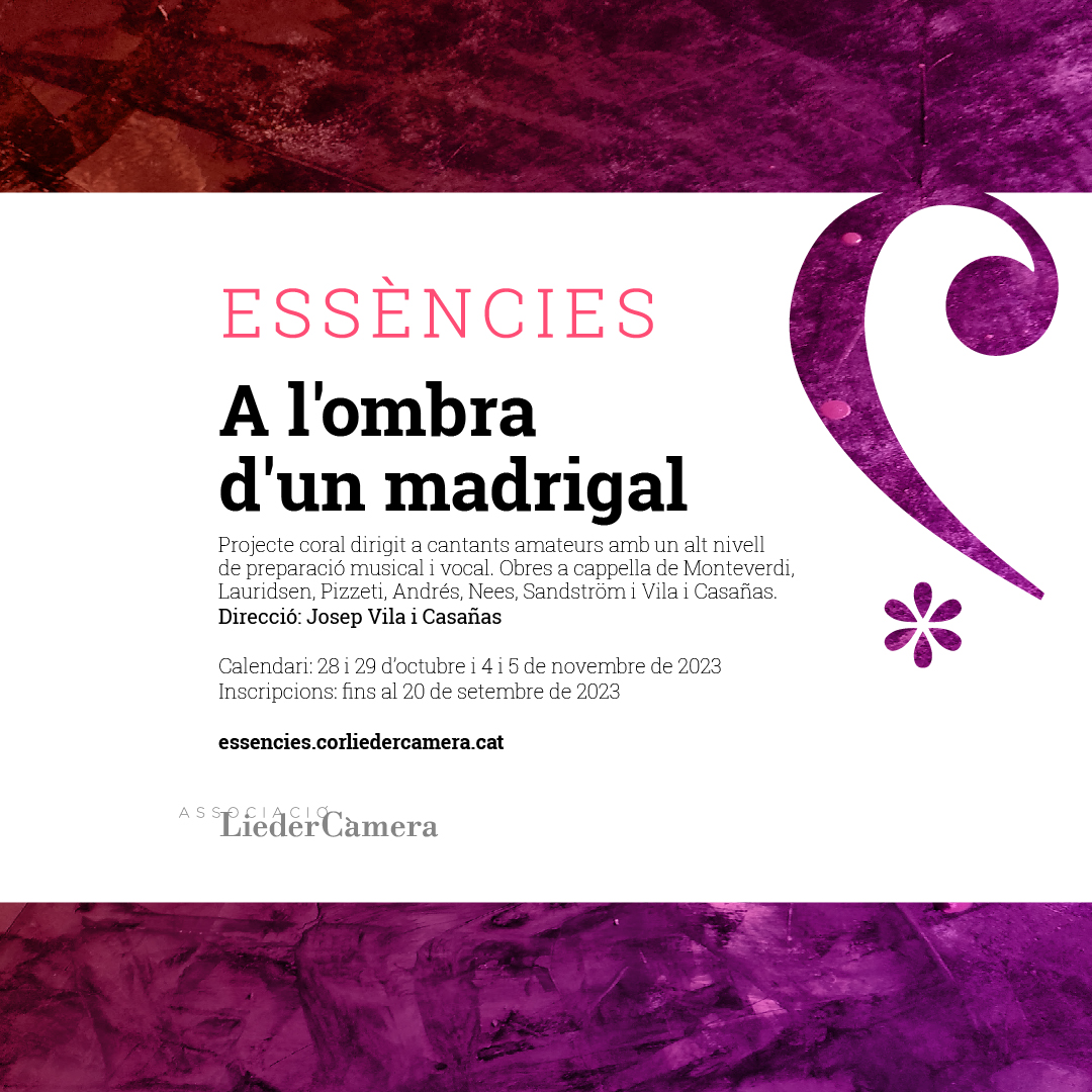 Després d'explicar la nova etapa de <a href="/liedercamera/">Associació Lieder Càmera</a>, presentem el primer #Essències! 

Aquesta tardor, "A l'ombra d'un madrigal", sota la direcció de <a href="/j_vilaicasanas/">Josep Vila i Casañas</a> 🍂

Tota la informació a essencies.corliedercamera.cat. Inscripcions obertes!