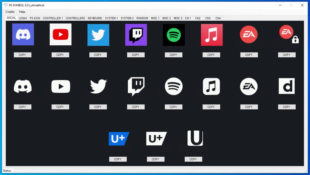 yAmethxst's tweet photo. PS SYMBOL 3.0 RELEASED!

Download: https://t.co/0quxnJDC2o

Changelog:
- New GUI (Size lock &amp; adapted for 1920x1080 screens)
- Added +250 new symbols
- Ability to view unicode codes

This is it, in the works for the web version (no ETA)

♻️ Any RT is appreciated https://t.co/GgX9VvZMwA