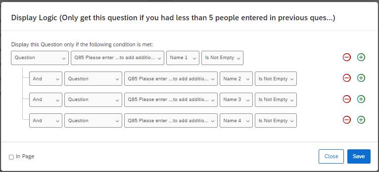 RRJacob_STL's tweet photo. @Cghlewis @sasha_zabelski A couple ways to do this-- if there are several Qs you need to skip, then put them in a block and work in the survey flow to add display logic to the block of questions. If it's just one or two, I suggest display logic within the Q- will look like this: https://t.co/FvIPu3ogj0