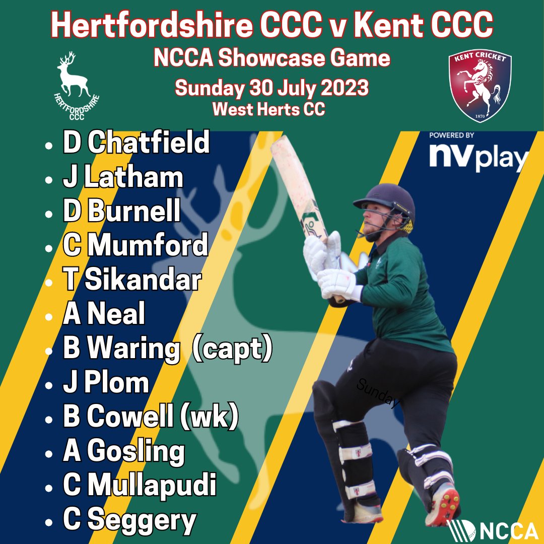 hertscricket's tweet photo. Squad Annoucement: @HertsCCC squad for our @NCCA_uk Showcase match v's @KentCricket  

🗓️Sunday 30 July
⌚️11am Start
🧭@WestHertsCC 
💷Free Entry

🖤🦌💚 🛩️ https://t.co/TKIHeCOwMa