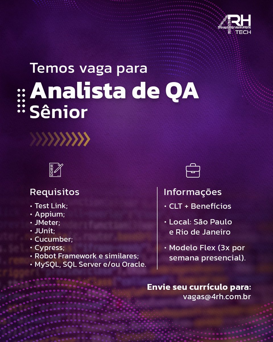 4RHTech's tweet photo. Boa tarde pessoal !!!

Já viram o tantão de vagas que está tendo aqui na 4RH TECH 💜🚀

Bora pra novos desafios !!!

Formulário de candidatura : https://t.co/AVWoqbIVf2 https://t.co/Sj8yaNsQEK