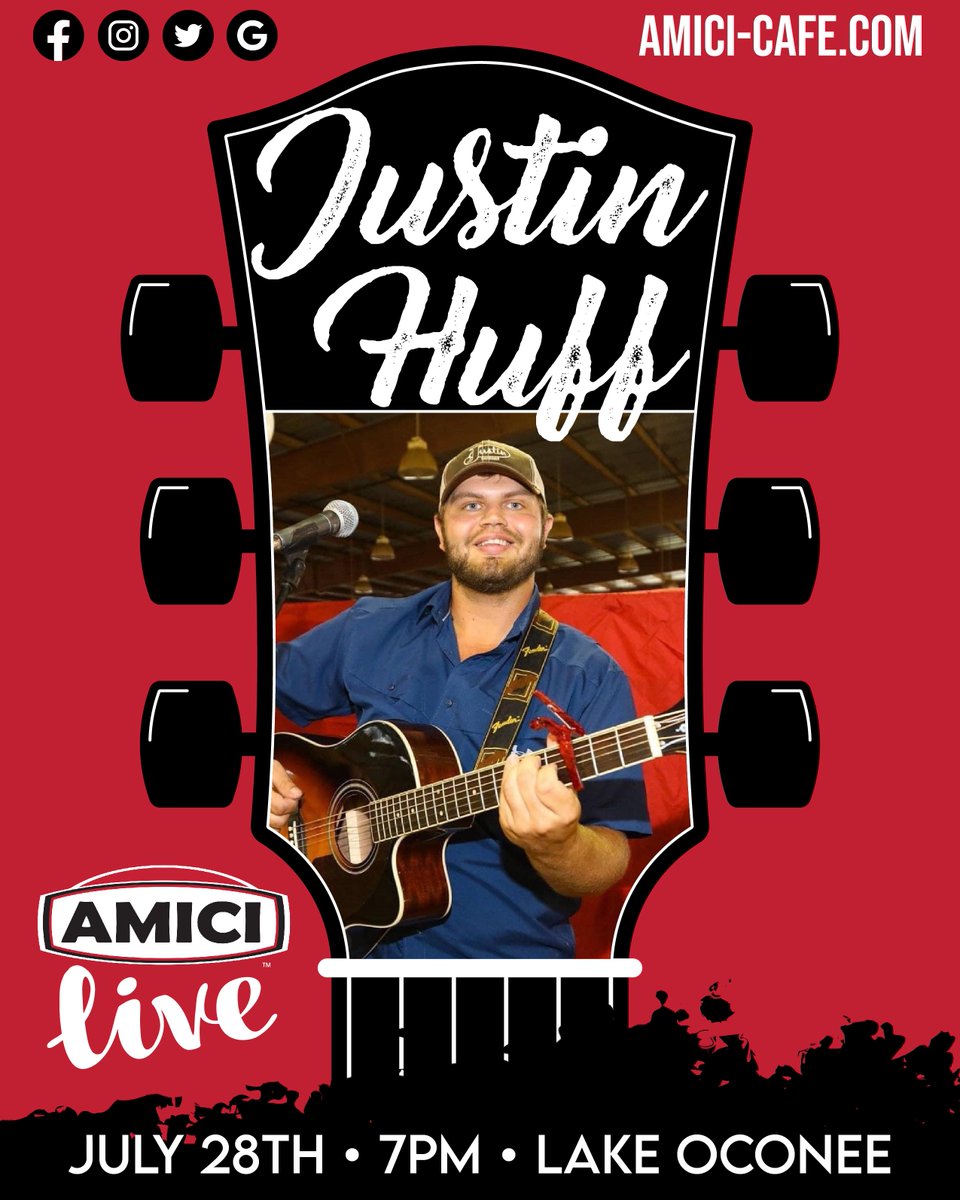 AmiciLakeOconee's tweet photo. THIS FRIDAY @ #AmiciLakeOconee ➡️ Join us for Justin Huff LIVE @ 7PM! 🤩 🎶

#AmiciMadison #MadisonGA #livemusic #AmiciLIVE #music #FridayNight #local #localmusic #fun #Amici #PizzaWingsFriends #love #pizzalover #wings #datenight https://t.co/of61jbdxw4