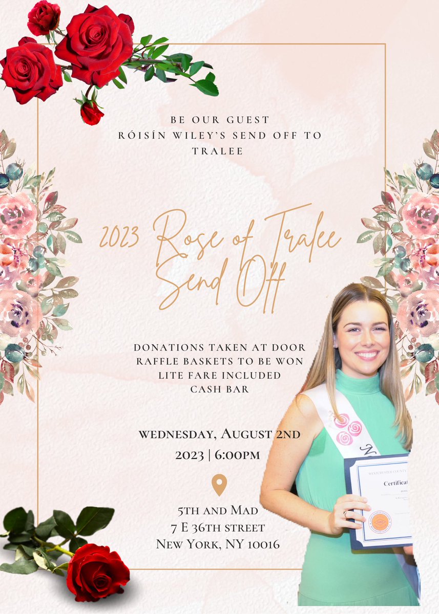 Our New York Rose send off is taking place Wednesday August 2nd! We hope to see you all there 🌹🇮🇪