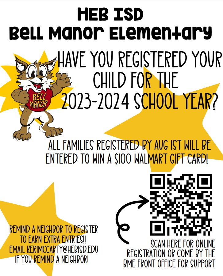 🎉 Did someone say $100 Walmart gift card?! 

🤩 YES!! A fabulous <a href="/hebisd/">HEB ISD</a> Bell Manor adopter donated a $100 Walmart gift card to BME, &amp; we wanted to gift it to a Bobcat family!

❤️🐾💛Can’t wait to give this gift to a Bobcat family at Meet The Teacher Night! #BeABobcat