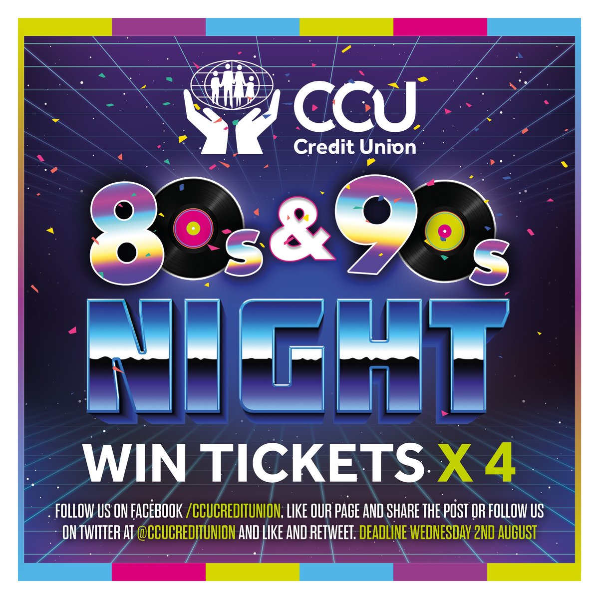 CCUCreditUnion's tweet photo. 📣 WIN TICKETS FOR FÉILE 35!!!

4 x Tickets for the 80s &amp; 90s Night 🕺

See below for details 👇

📅 The deadline for entry is Wednesday 2nd August 2023 https://t.co/ec5dmQy3ab