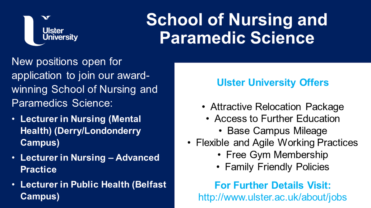 We are expanding our team and have new job opportunties in our award winning School of Nursing and Paramedic Science @UlsterUniSoNP @CNO_NI @NIPEC_online @RCN_NI @WesternHSCTrust @NHSCTrust @BelfastTrust @setrust @SouthernHSCT @DebbieGoode5 @RyanAssumpta