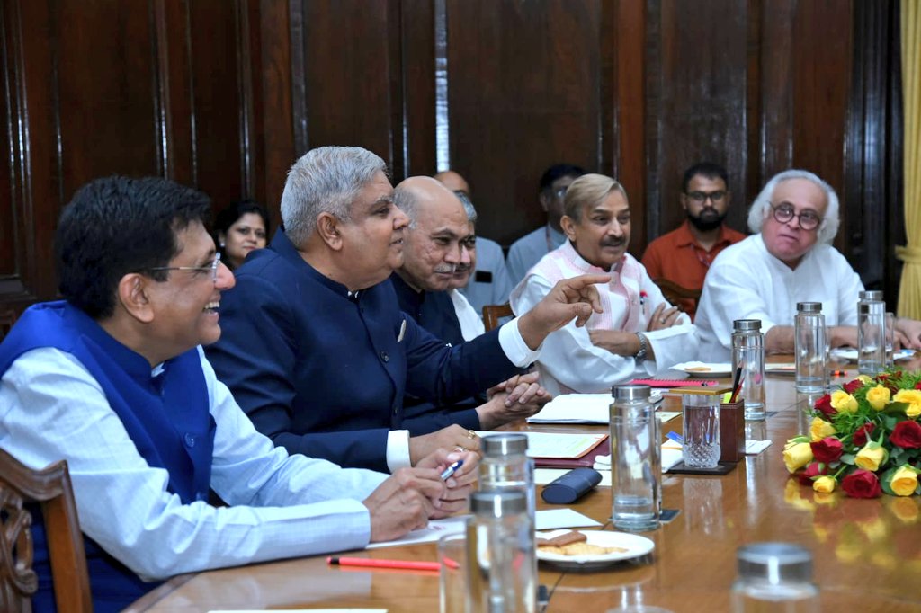 VPIndia's tweet photo. Hon'ble Chairman Rajya Sabha, Shri Jagdeep Dhankhar convened an all-party meeting in his chamber today in an attempt to break deadlock in the Upper House. https://t.co/3u4agPZmBU