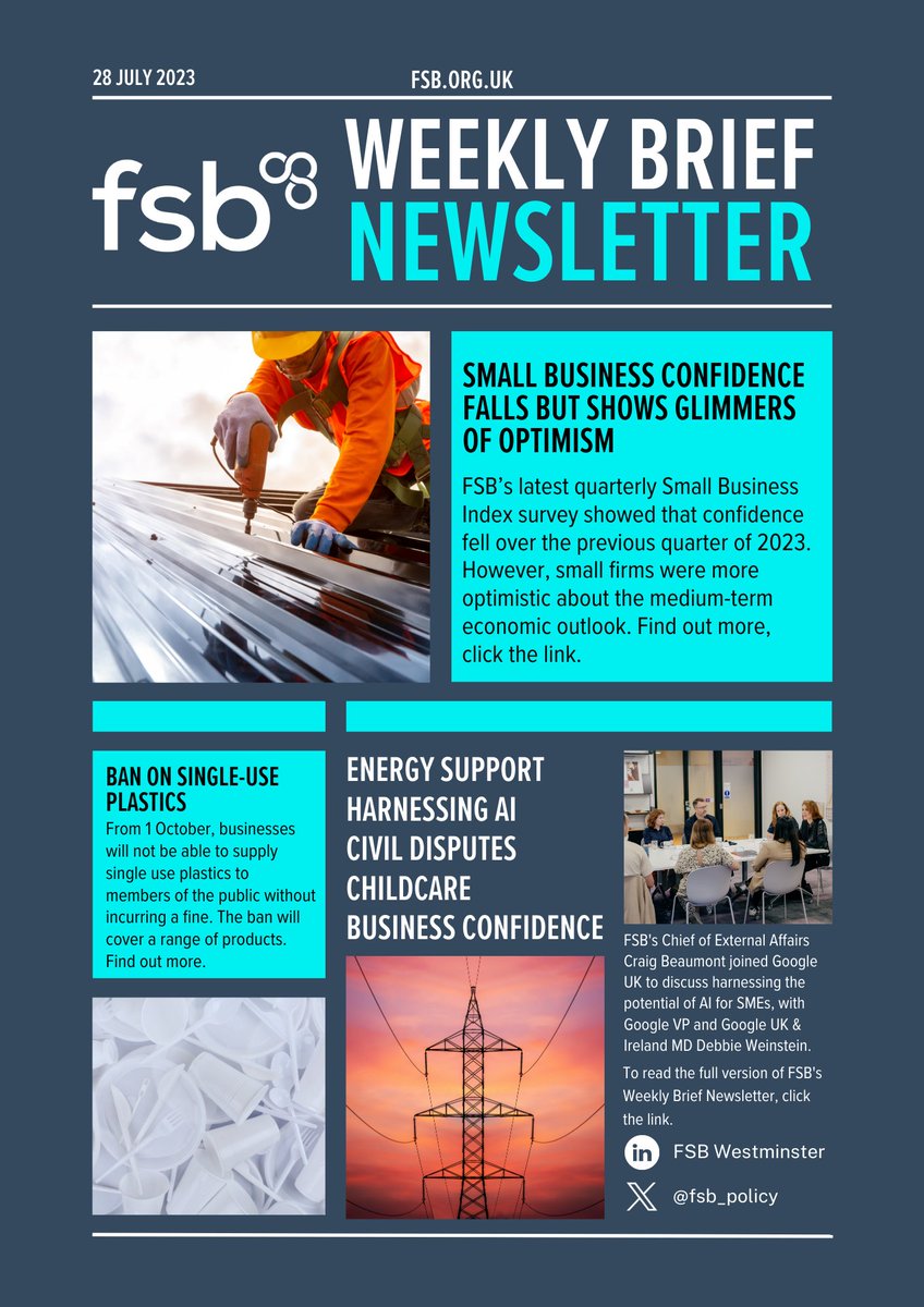 fsb_policy's tweet photo. 📰AI, small business confidence falls, single-use plastics ban, childcare and more. Take a look at all the SME news in our Weekly Brief Newsletter: 
🔗 https://t.co/DX0F80MkK9 https://t.co/O4iSIeXvPQ