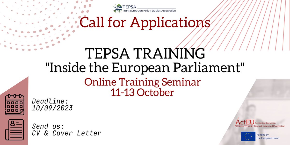 #CallForApplications: TEPSA Training "Inside the European Parliament", a three-day online seminar organised as part of the #ActEU project

Learn more 👉 tepsa.eu/call-for-appli…