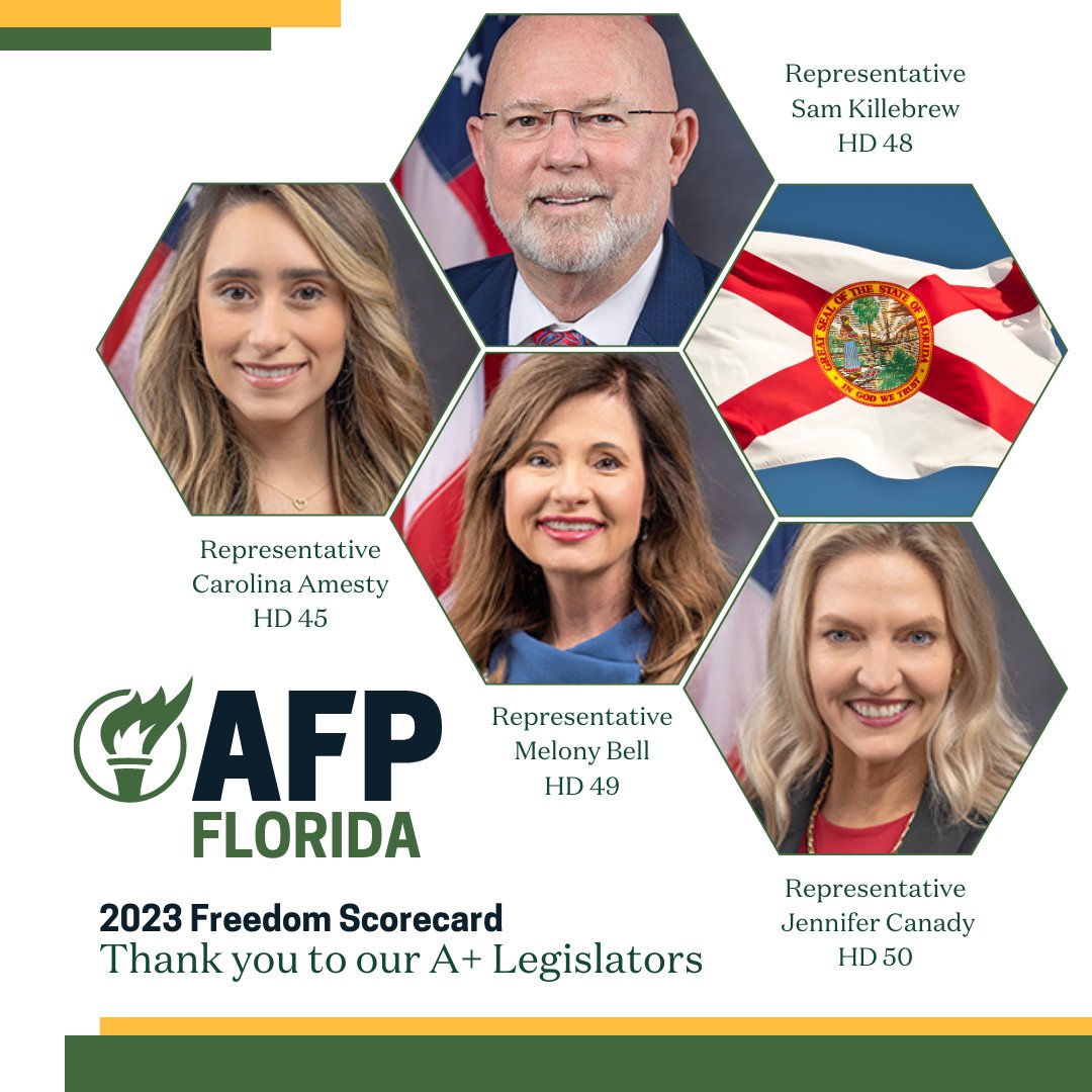 AFPFlorida's tweet photo. Thank you, Florida State Representatives @carolina_amesty, @repsamkillebrew, Melony Bell, and @jhcanady for being A+ champions during the transformative 2023 Legislative Session! They are strong advocates for freedom in Florida. #FlaPol #2023session #afpfl #floridascorecard https://t.co/4K7Z2AGc2k
