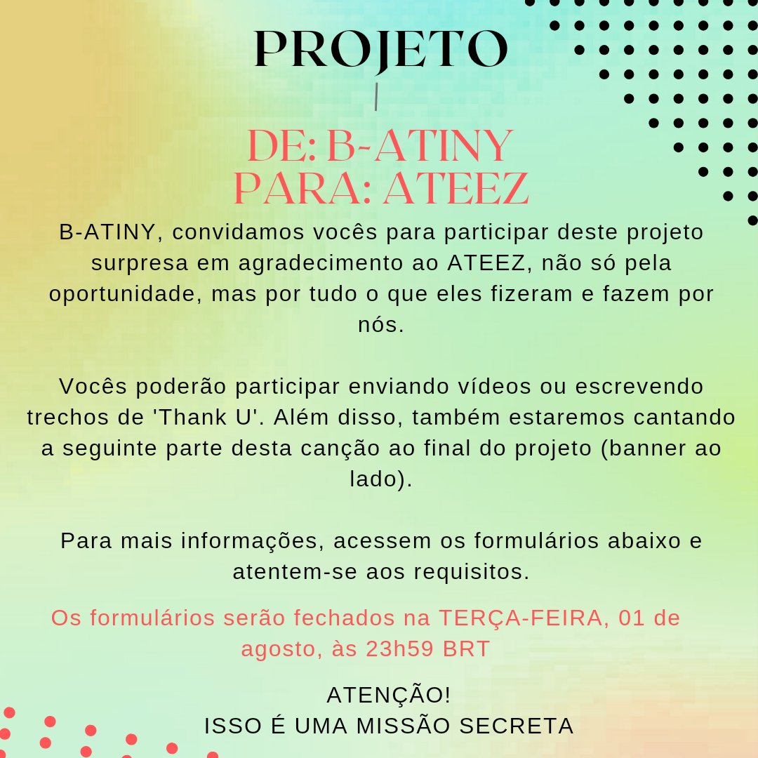 CentralATEEZBR's tweet photo. 📽 • DE: B-ATINY PARA: ATEEZ

Chegou o momento de agradecermos o ATEEZ, não só pela oportunidade, mas por tudo que eles fazem e fizeram por nós 🫂

Acessem os formulários e atentem-se aos requisitos! https://t.co/SbXCuEkYIK