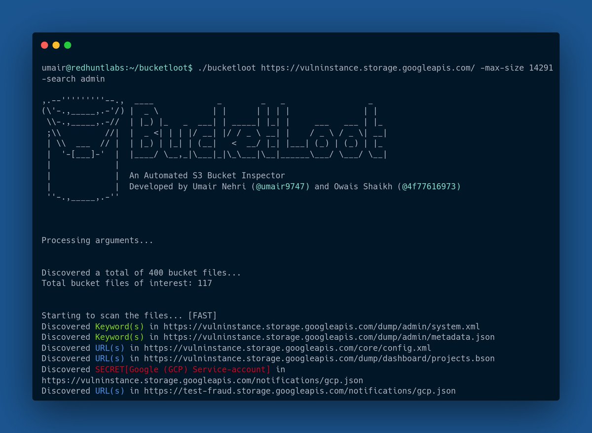 🪣 BucketLoot

An automated bucket scanner for secrets

* 30+ unique regexes built-in
* Search custom keywords
* Perform asset extraction
* Compatible with AWS, Google Cloud Storage &amp; DigitalOcean Spaces

By <a href="/0x9747/">Umair</a>

#bugbountytips #CloudSecurity

github.com/redhuntlabs/Bu…