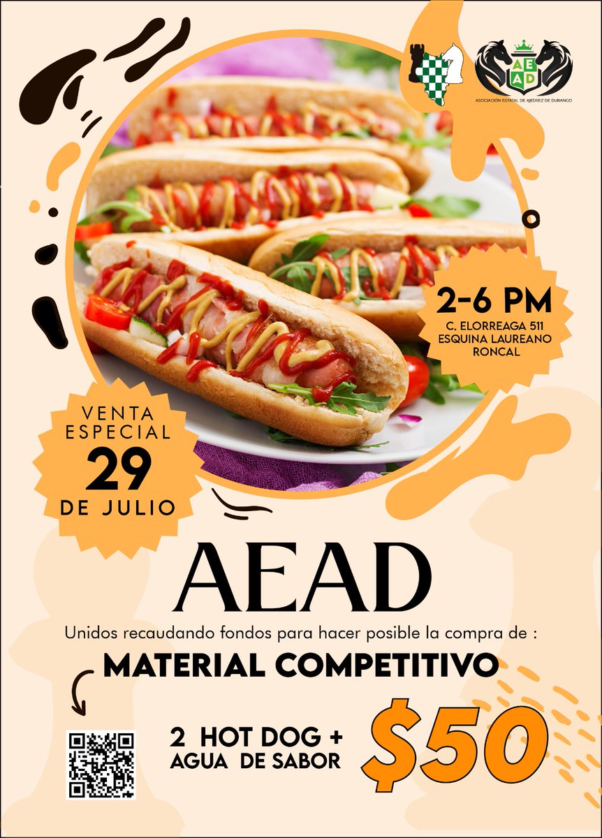 Dos Hot Dog y un jugo por 50 pesos, ayúdanos a recaudar fondos para seguir impulsado el Ajedrez en Durango, quien pueda apoyarnos se los agradecería infinitamente, los que sean gustos, me pueden mandar mensaje privado, de antemano gracias!!!!