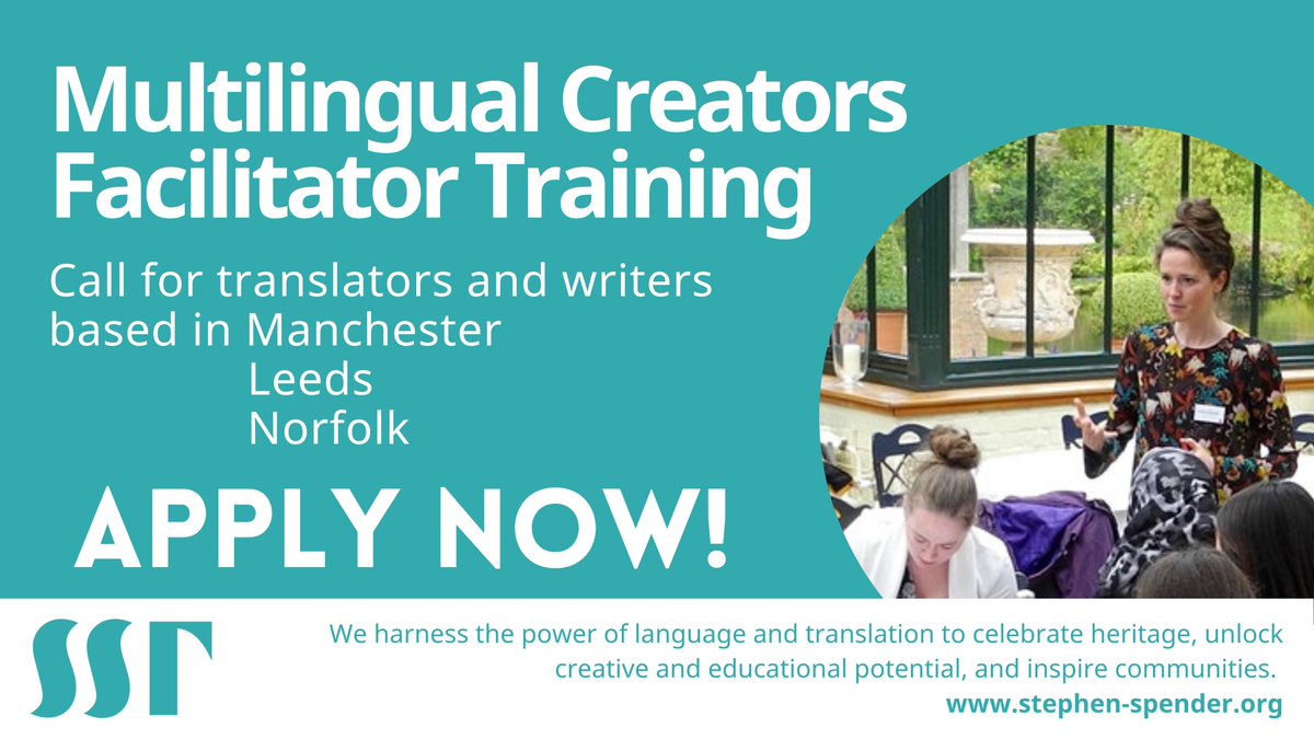 StephenSpender's tweet photo. Calling all translators and writers based in Leeds, Manchester or Norfolk!

Apply to take part in a paid training opportunity and to support the delivery of our projects for 2023/24

Deadline 21 August

https://t.co/IM7XYivOr0
#creativetranslation #cpd #xl8 @arablit @LeedsCTS https://t.co/CLbv2mapig