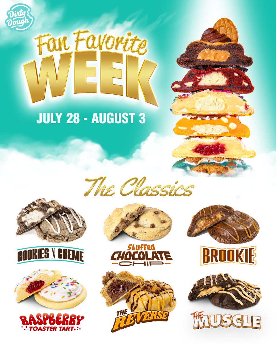 🚀It’s Fan Favorite Week at Dirty Dough!🚀 That means each store gets to pick their fan’s favorite cookies to go along with these delicious classics! #NewMenu #CookieAdventure #IndulgeInFlavors