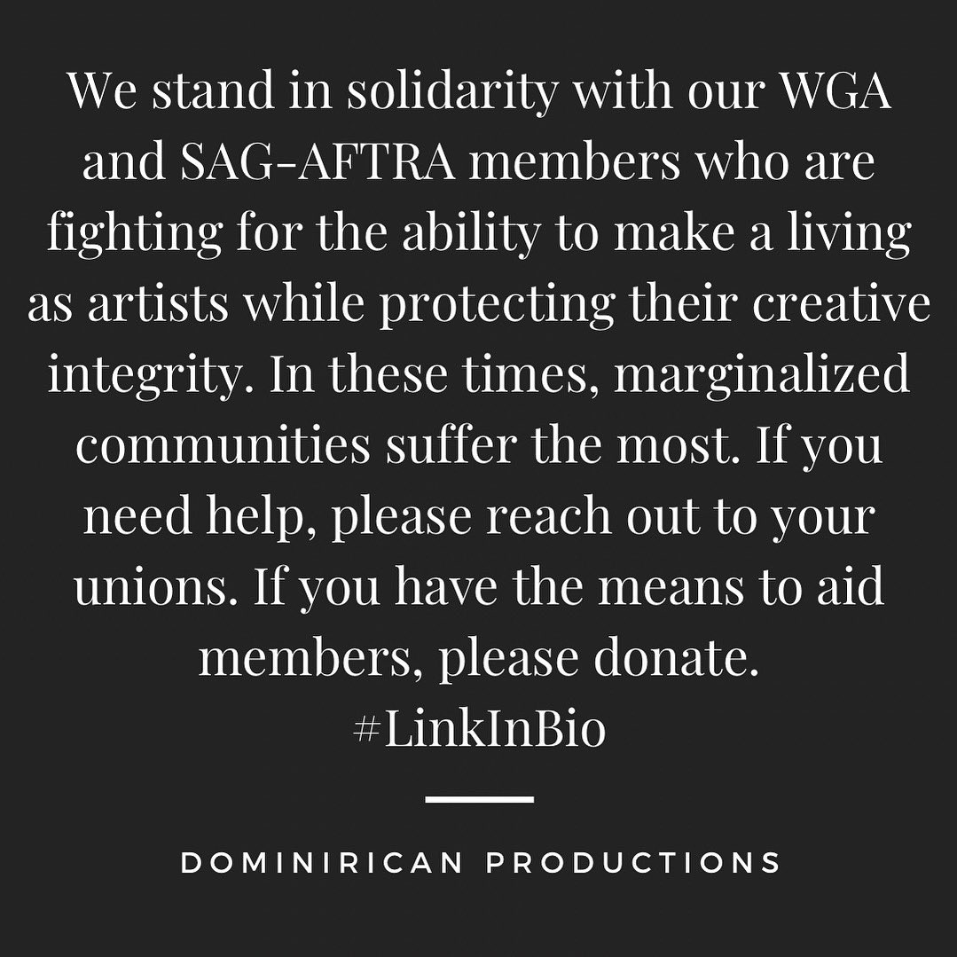 We are PROUD to stand in solidarity with <a href="/sagaftra/">SAG-AFTRA</a> and <a href="/WGAWest/">Writers Guild of America West</a> <a href="/WGAEast/">Writers Guild of America East</a> members. If you are a member and need assistance or if you or someone you know wants to support these unions, please click the #LinkInBio to help!