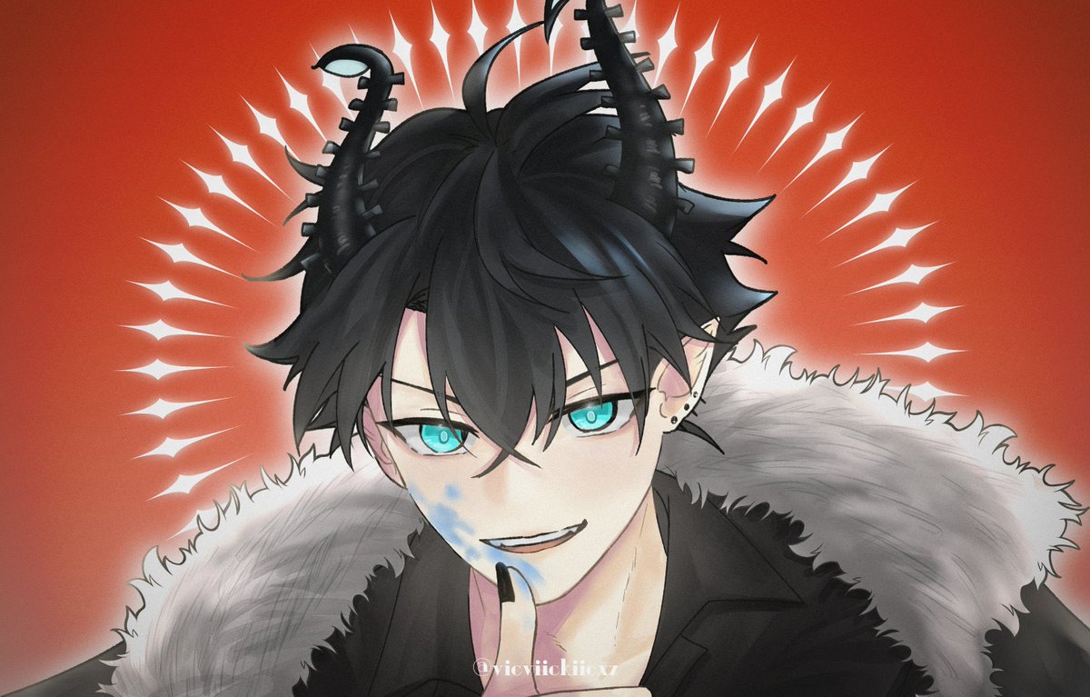 1boy male focus horns black hair pointy ears solo looking at viewer  illustration images