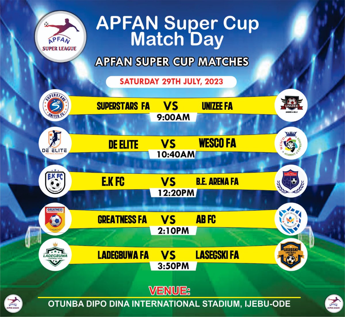 AtlanticBFC's tweet image. 📣 Match Alert! 📣
 Catch us tomorrow as we take on Greatness FA in the APFAN Super Cup

Venue: Otunba Dipo Dina International Stadium, Ijebu-Ode, Ogun State 

Kick-off Time: 2:10 PM 
#MatchAlert #APFANSuperCup #ABFC #BBNaijaXMoniepoint #bbnaijaallstars