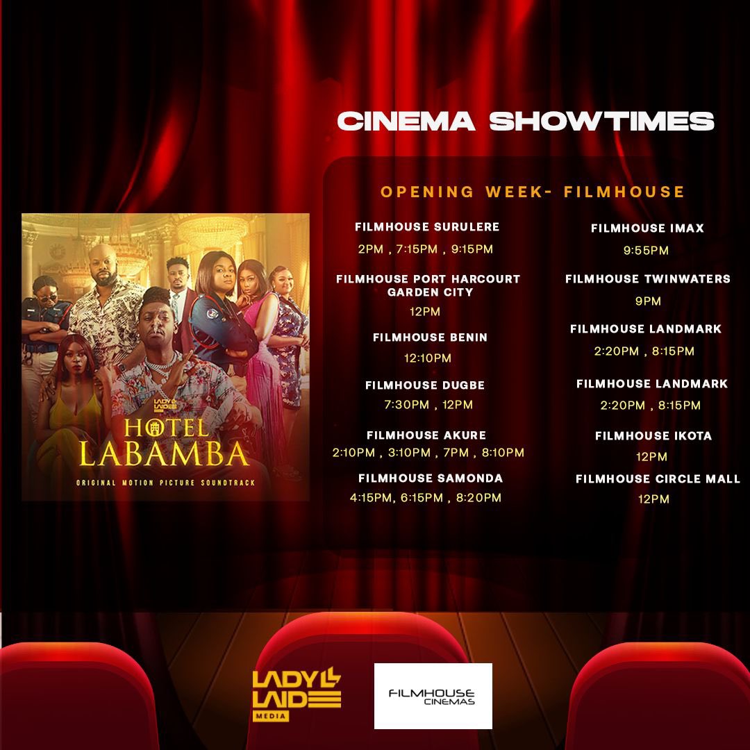 tweetsbyJoy's tweet photo. Showing in cinemas from today nationwide. 
#HotelLabambaSoundtrack 
Adedimeji Lateef
@TheDimejiLateef 
Bimbo Ademoye
@BimboAdemoye 
Femi Adebayo
@realfemiadebayo 
Executive producer Lady Laide Daramola
@LadyLaide https://t.co/y2nvOocu6P