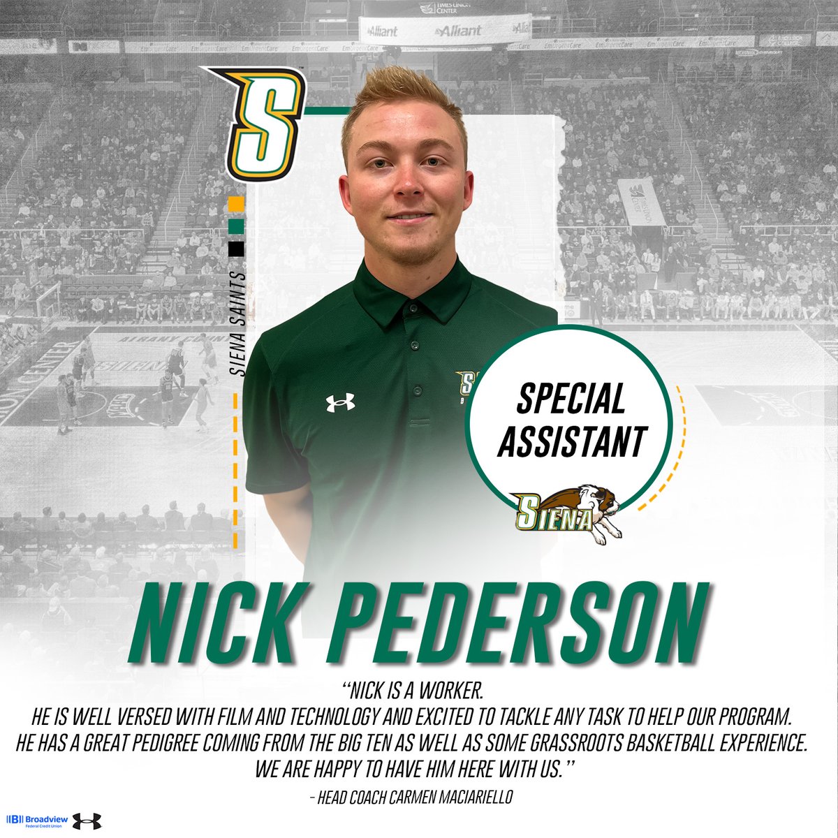 SienaMBB's tweet photo. Our staff is complete 

Excited to welcome @Nick_Pederson23 as the new Special Assistant to @CoachCarm 

📰 https://t.co/4cxJLXJiHZ

#MarchOn x #SienaSaints x #Attack x #Finish x #EAT https://t.co/YAuwdZOMs9