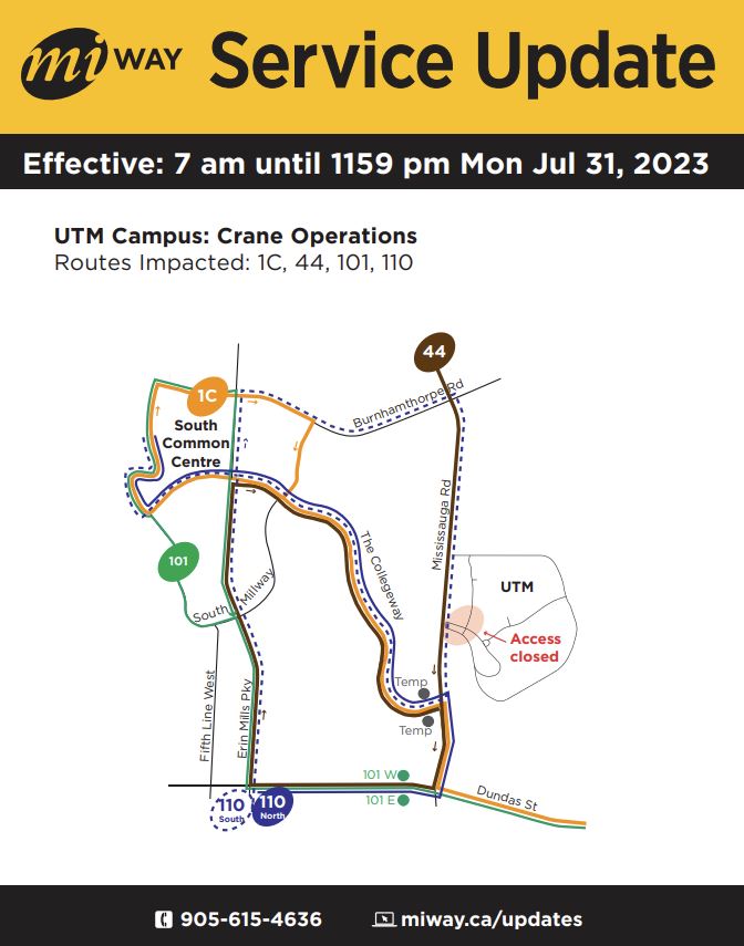 UTM's tweet photo. July 31 | Road closure &amp; bus stop relocation

Please note: on July 31, most of Inner Circle Road will be CLOSED to all traffic due to a crane lift outside Davis building. Entrances will be restricted.

Public buses will be redirected &amp; bus stops will be relocated on this day. https://t.co/x8HUX8vxUI