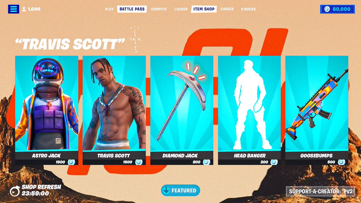 FortnitePV2's tweet photo. IF Travis Scott returns to the Item Shop tonight I’ll be sending 5 people who like this tweet a gift or send a Fortnite code in DM’s to purchase the bundle. https://t.co/ZGGfFIiOeW