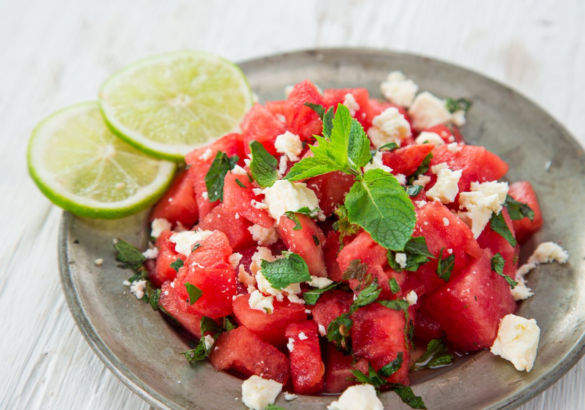 Cool down from the summer heat with a refreshing watermelon salad tossed with feta and a light white balsamic herb dressing: bit.ly/3XslTu1 #WatermelonDay